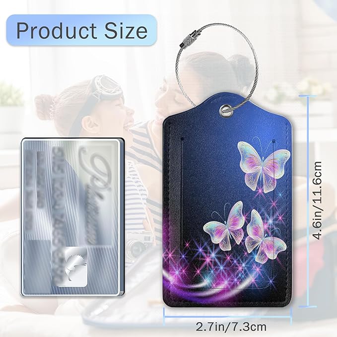 3 Pack Flying Butterfly Luggage Tags,Glowing Smoke Stars PU Leather Luggage Tags for Suitcase,Name ID Labels with Privacy Cover Suitcases and Metal Loop for Travel