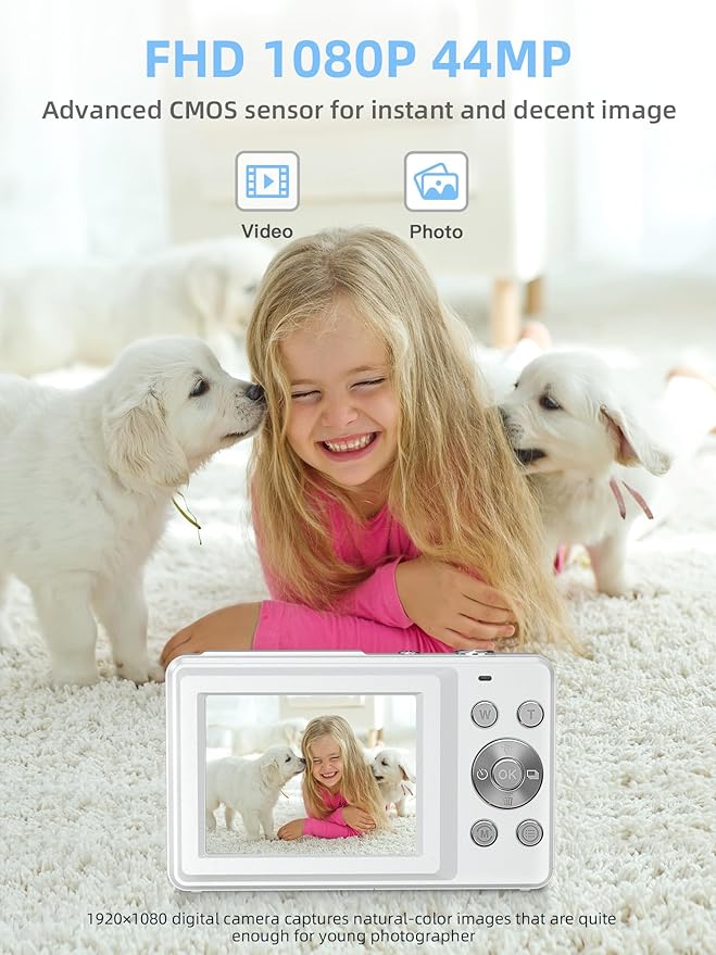 Camkory Digital Camera for Kids，Teens and Starters, FHD 1080P Point and Shoot Camera with 32GB Card 16X Zoom Anti Shake, Gift for Boys Girls Kids, White