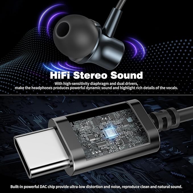 COOYA USB C Headphone Type C Wired Earbuds for iPhone 17 16 Pro Max 15 iPad 10 Pixel 9 8 Magnetic Bass Noise Canceling in-Ear Earphones+Mic for Samsung Galaxy S25 Ultra A16 A56 S23 A35 for OnePlus 13
