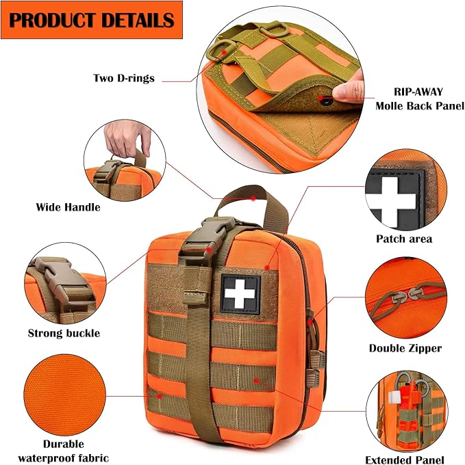 Molle medical pouches empty ifak tactical first aid bag emt med admin pouches edc rip away med kit bag (Orange)