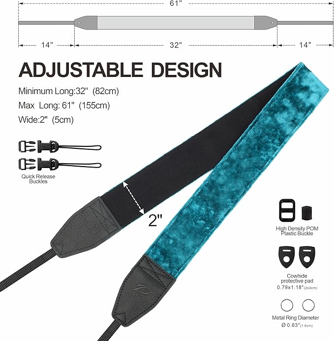 Padwa Lifestyle Peacock Blue Velvet Camera Strap - 2" Double Layer Full Grain Cowhide Leather Head Camera Straps for Photographers,Unique Soft Velvet Fabric with Quick Release fits all Cameras