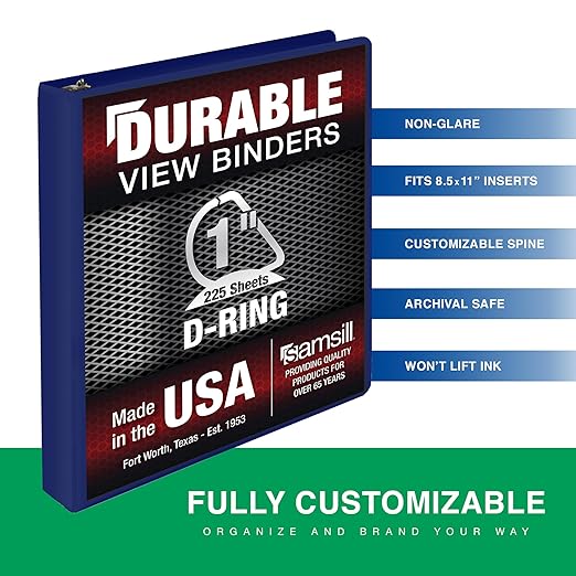 Samsill Durable 1 Inch Binder, Made in The USA, D Ring Binder, Customizable Clear View Cover, Dark Blue, Holds 225 Pages