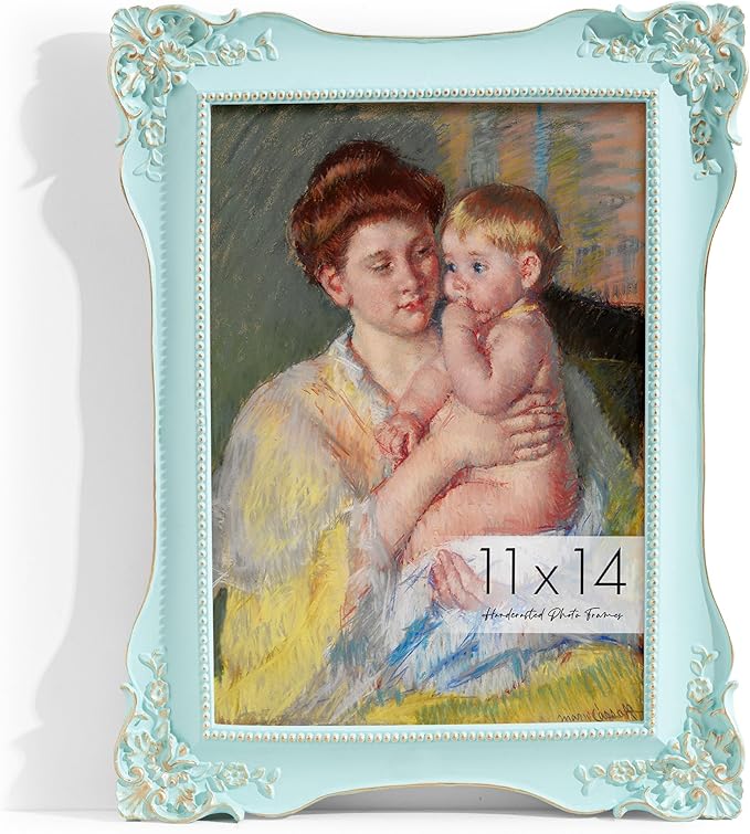 Axeman Vintage Blue Picture Frames 11x14 | 11 x 14 Antique Picture Frame with Real Glass | Ornate 11 x 14 Picture Frame for Wall Mount | Retro Blue 11x14 Frame