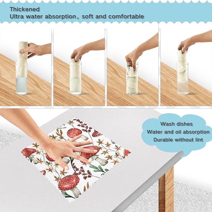 CaTaKu Fall Mushroom Kitchen Dish Cloths,Microfiber Cleaning Cloths Reusable Dish Rags for Washing Dishes, Dish Towels Washcloths for Kitchen Drying,6 Pack