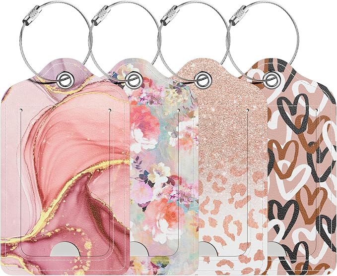 4 Pack PU Leather Luggage Tags for Suitcase, Travel Cruise Luggage Tag with Privacy Flap, Name ID Label and Metal Loop for Women Men Baggage Handbag School Bag Backpack, Daisy Flowers