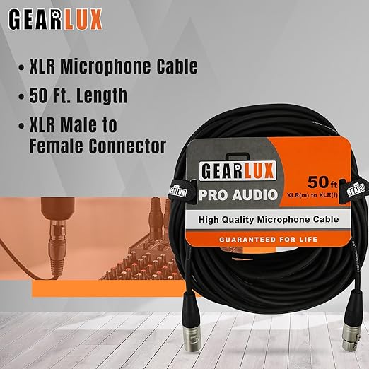 Gearlux XLR Microphone Cable, Fully Balanced, Male to Female, 50 Feet - Single Pack
