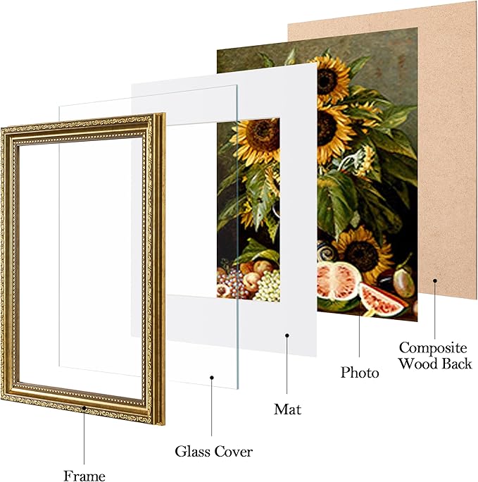 eletecpro 9x12 Picture Frames Set of 4, Retro Frame with Glass Cover, Vintage Gold 9 x 12 Photo Frames Display 6x8 Photo with Mat or 9x12 without Mat for Tabletop or Wall Decor, Gold
