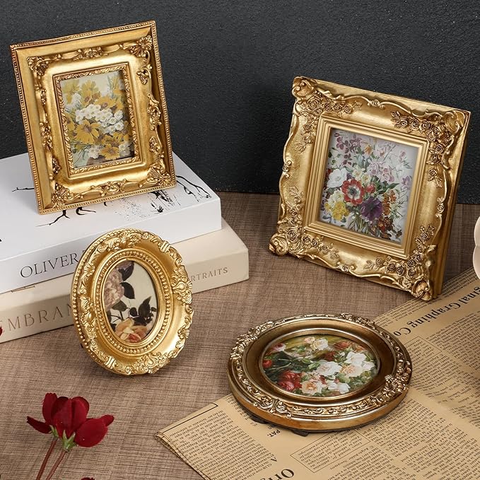 4 PCS Gold Vintage Photo Frame, Small Gold Picture Frames, Mini Ornate Frames, Vintage Picture Frame with Stand for Tabletop Display Christmas DIY Photo-5.5" X 4.7",5.5",3.7" X 4.3",6.3"