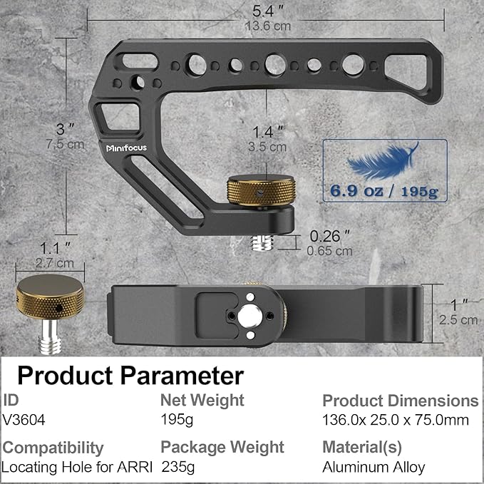 Camera Top Handle with 3/8"-16 Locating Pins for ARRI Grip for Camera Cage, Universal Top Handgrip with 5 Cold Shoe Adapters, Ergonomic Design, 1/4" and 3/8" Threads with Microphone/LED Light/Monitor