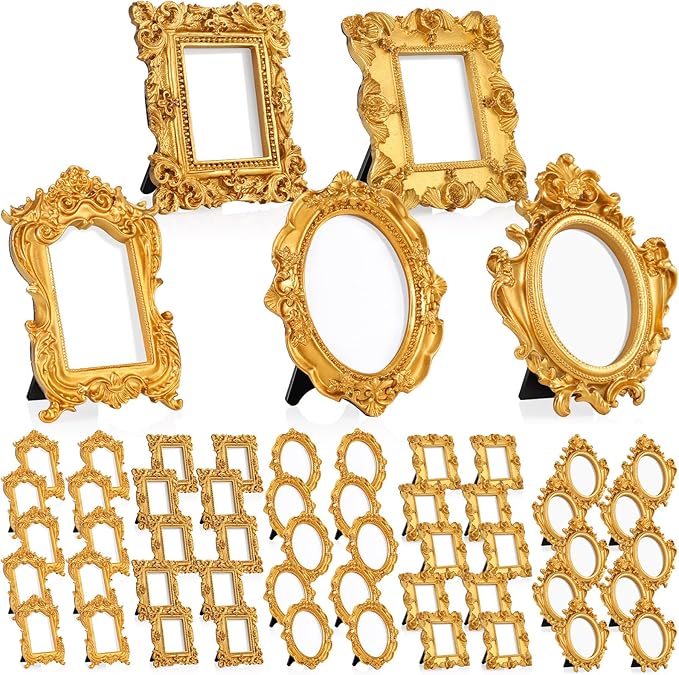 Maitys 50 Pcs Mini Picture Vintage Frames with Stands Tiny Antique Photo Baroque Ornate Resin Oval Frame Table Top Display Home Wedding Decor (Gold)