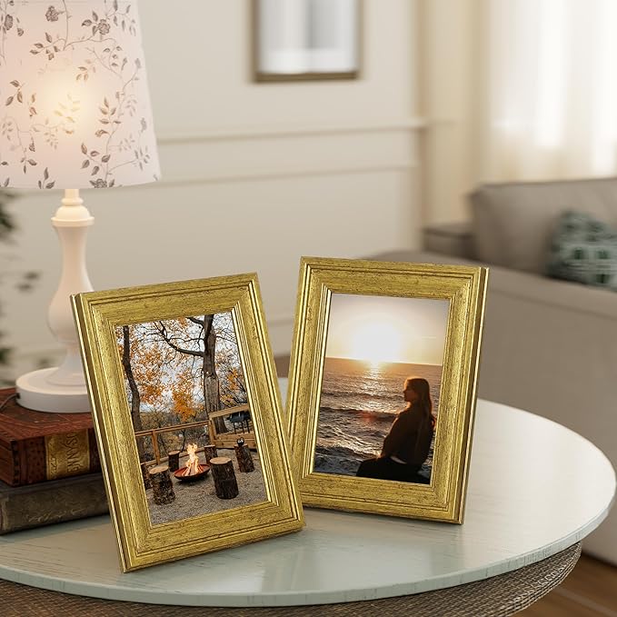 Vittanly 5x7 Picture Frame Set of 4, Vintage Photo Frame for Wall or Tabletop, Display 5x7 Pictures, Rustic Farmhouse Home Decor, Gold
