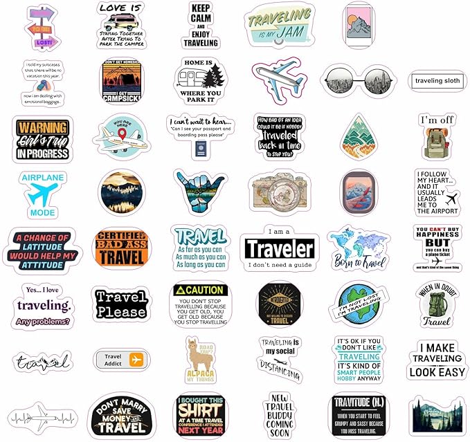 BulbaCraft 100Pcs Funny Travel Stickers, Scrapbook Stickers Travel, Travelers Notebook Accessories, Funny Travel Laptop Decals, Gifts for Women & Men