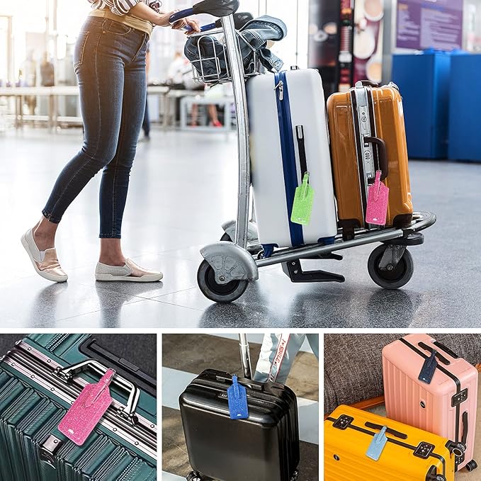 ACdream Luggage Tags 2 Pack, Leather Suitcase Tags Identifiers, Cute Cruise ID Labels with Privacy Cover fits on Backpack, Travel Bag, for Women, Men, Adults, Kids, Hot Pink Glitter