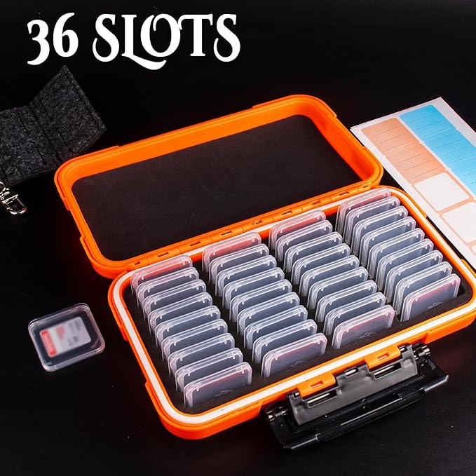 Micscrew 36 Slots Memory Card Case Orange with 36 Transparent Holders & 40 Writable Labels, SD Card Storage Case & Organizer for Camera Memory Cards