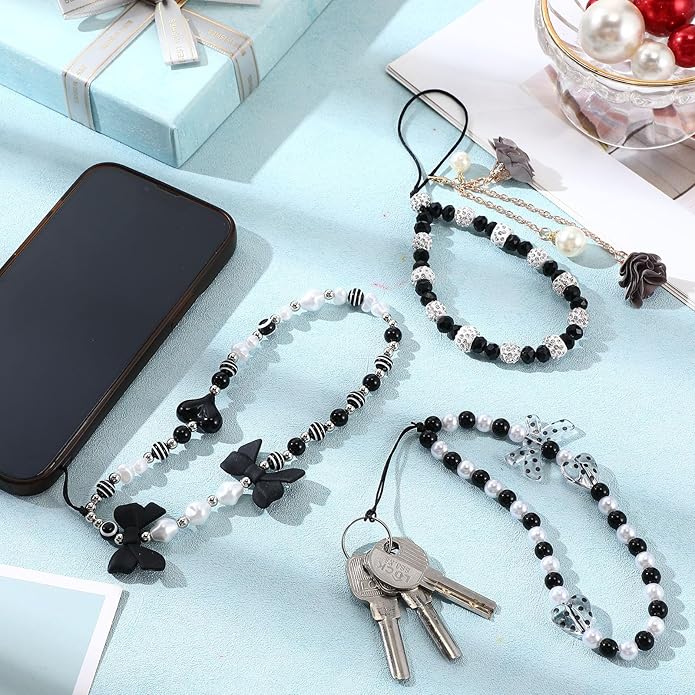 Ecally 3 Pcs Phone Charms Strap Camera Charm Strap Pearl Beaded Butterfly Bow Flower Cute Phone Wrist Lanyard Bracelet for Camera Keychain Wallet Decor Easter Gifts