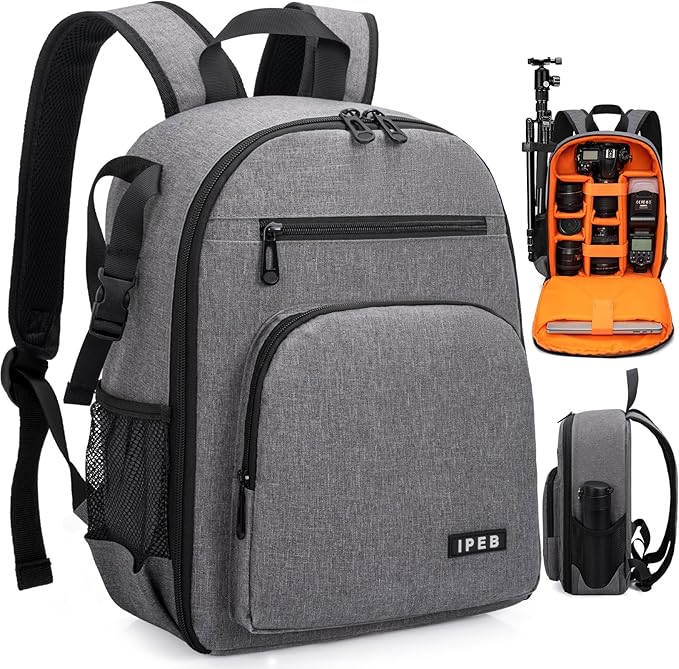IPEB Camera Backpack for DSLR/SLR/Mirrorless Bag Professional Waterproof Camera Case 11"X5.9"X15" for Photographers Grey Orange
