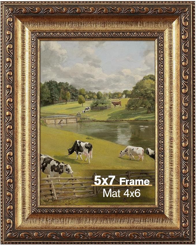 5x7 Gold Picture Frame, Ornate Vintage Picture Frames for Wall or Tabletop Display, 5x7 Photo Frame Gold with Real Glass, Display Poster 4x6 with Mat or 5x7 without Mat for Antique Déco