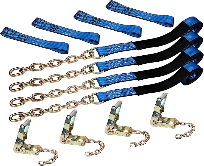 Mega Cargo Control Blue Roll Back Tie Down System Chain Ends 8 Point Tie Down Kit for Car Hauler Carrier Tow Truck - with Black Protective Sleeves