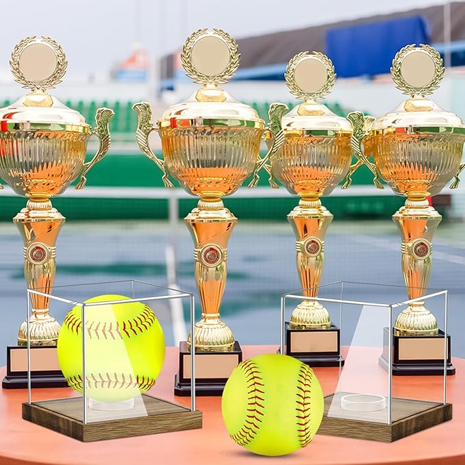Clear Acrylic Softball Display Case with Wood Base, Memorabilia Stand Cube Holder, Dust Protection Transparent Storage Box for Single Ball Souvenir Softball Collections