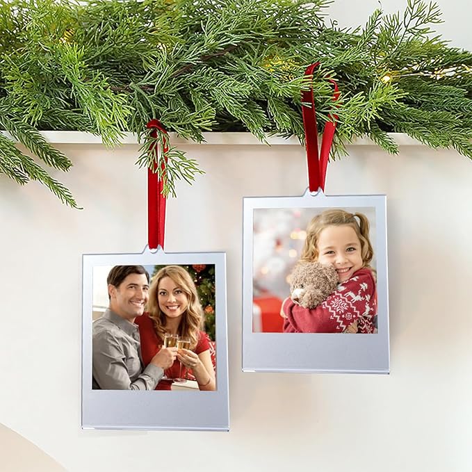 6 Set Christmas Acrylic Polaroid Film Picture Frames 3.5 * 4.25inch frame Ornaments, Blank Double-Sided Picture Frames Photo Frame for christmas tree Decor, Hanging Photo Ornaments For Tree (Silver)