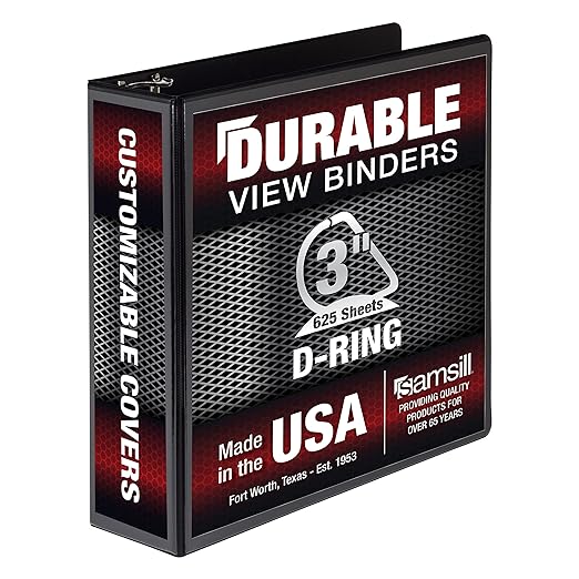 Samsill Durable 3 inch 3 Ring Binder, Made in USA, D Ring Binder, FSC 100% Recycled Chipboard, Black
