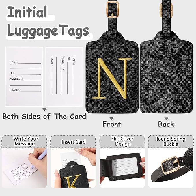 Initial Letter Luggage Tags for Suitcases, Personalized Embroidered Letter Luggage Bag Suitcase Identifier Name Tag, Cute PU Leather Travel Luggage Tags, Bag Tags for Luggage Handbags(Black N)