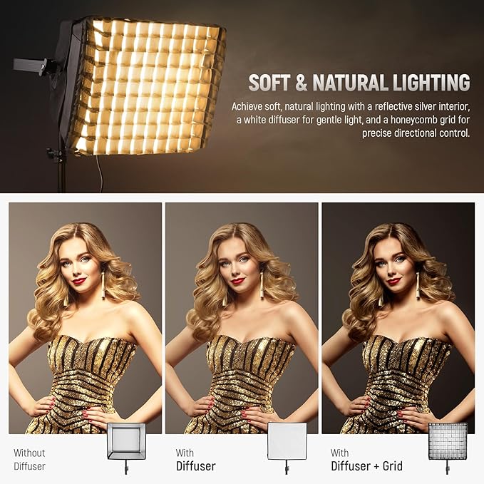 NEEWER Upgraded Softbox Diffuser for PL60C RGB LED Video Light Panel, 15.4"x12.6"/39x32cm Foldable with Grid/Bag/Blackout Hood, No Need to Remove Barndoors Quick Set Up for Portrait Soft Light, NS6S