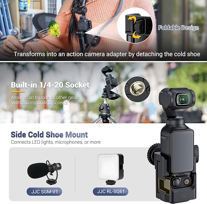 JJC 3-in-1 Expansion Adapter for DJI Osmo Pocket 3, Pocket3 Tripod Mount & Hot Shoe Camera Extender Converter, 1/4-20 Stick Handle Bracket Accessories, with Action Camera Port & Cold Shoe Holder