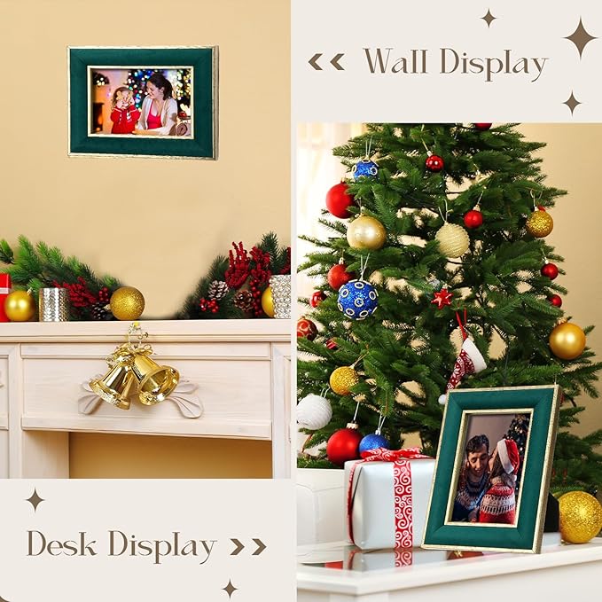 Kathfly 1 Pcs Green Velvet Picture Frame 5 x 7 Inch Vintage Photo Frame with Gold Metal Edge Horizontal & Vertical Mount for Poster Artwork Puzzles Tabletop Wall Display Christmas Home Office Decor