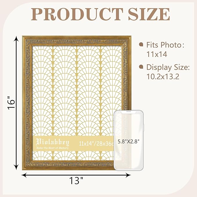 VIOLABBEY 11x14 Picture Frame Gold, Vintage Photo Frames Ornate without Mat for Tabletop or Wall Hanging