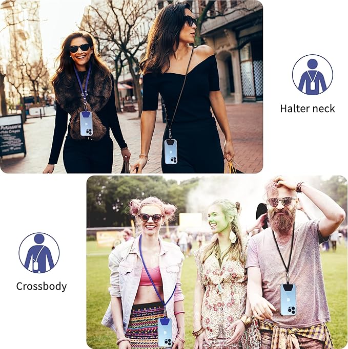 CACOE Phone Lanyard 2 Pcs-2 Pcs Adjustable Neck Strap, 4 Pcs Phone Patches, Universal Crossbody Multifuctional Cell Phone Lanyards Compatible with Most Smartphones(Black+Dark Blue)