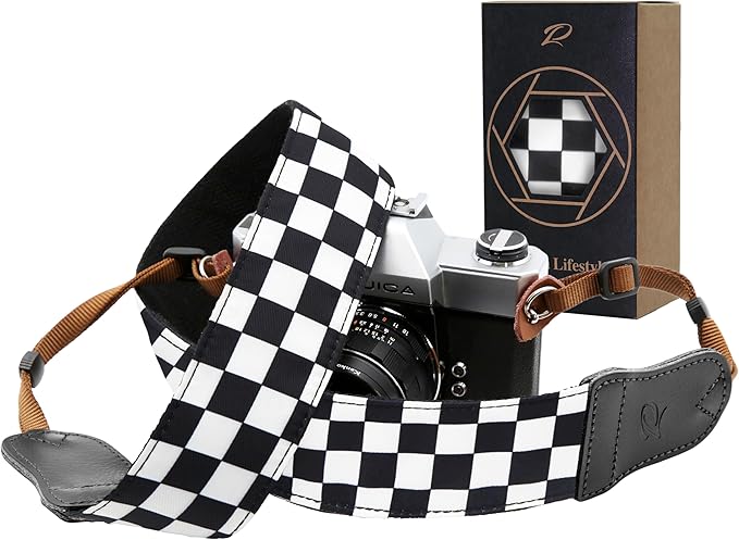Padwa Lifestyle Black and White Plaid Camera Strap - 2" Wide Double Layer Cowhide Head,Cotton Camera Shoulder Straps,Grid Pattern Adjustable Camera Neck Strap for all Cameras,Gift for Photographers