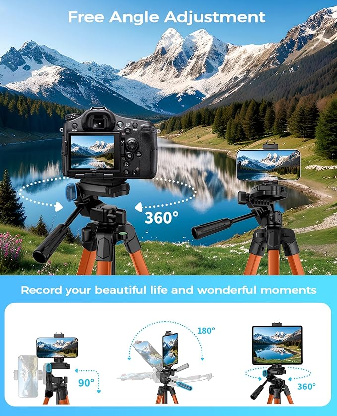 MACTREM 67" Tripod Stand for iPad Phone Tablet Camera with 2 in 1 Mount & Wireless Remote, Aluminum Extendable iPhone Tripod for Video Recording/Selfies/Live Stream/Vlogging (Orange)