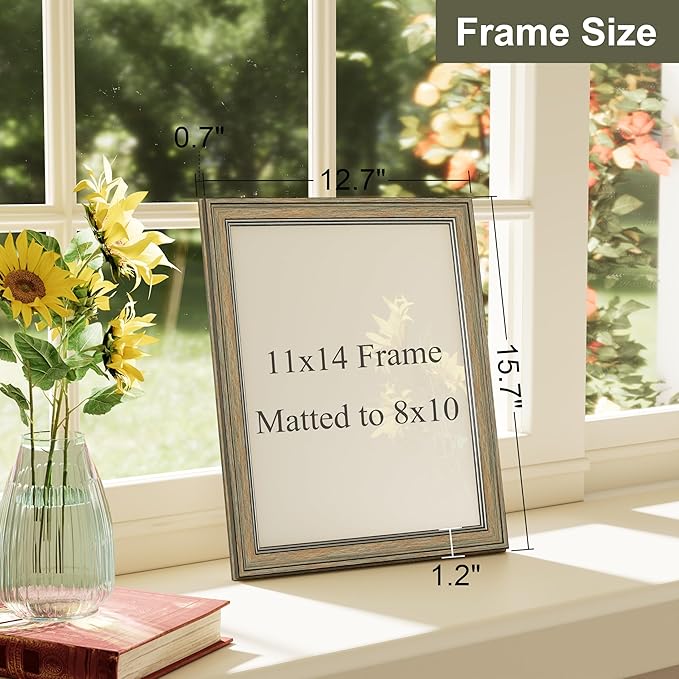 Vittanly 11x14 Picture Frame Set of 4, Vintage Photo Frame for Wall Mount, Display 8x10 Pictures with Mat or 11x14 without Mat, Rustic Farmhouse Home Decor, Multicolour