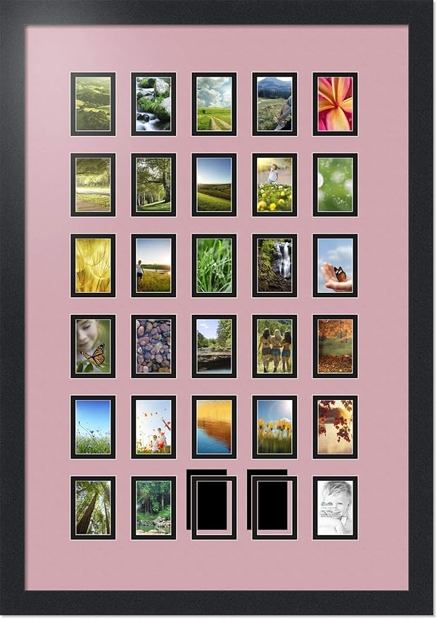 ArtToFrames Collage Photo Frame Double Mat with 30-2x3 Openings with Satin Black Frame and Seashell mat.