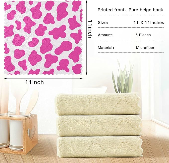 CaTaKu Pink Cow Print Kitchen Dish Cloths, 6 Pack Reusable Dish Rags for Washing Dishes, Microfiber Cleaning Cloths Dish Towels Washcloths for Kitchen Drying
