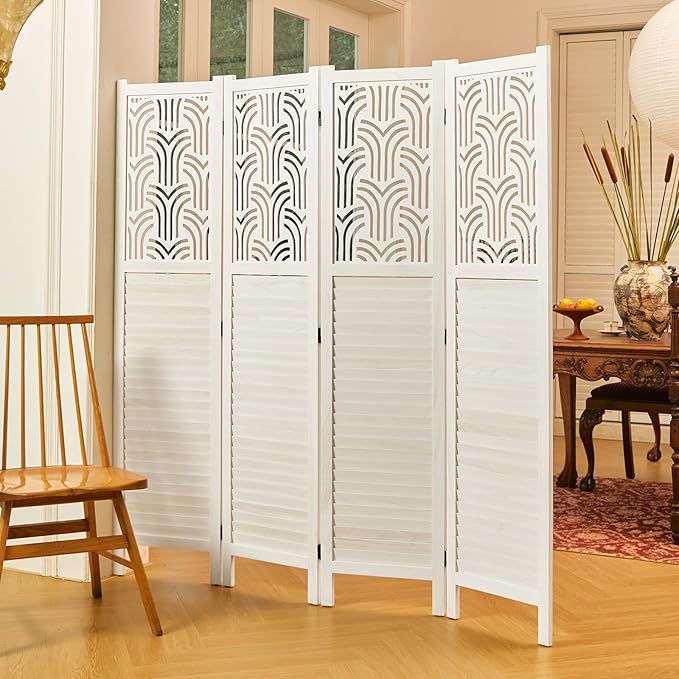 Folding Room Divider, 66.9 Inch 4 Panels Wood Carved Privacy Screens, Free Assembled Freestanding Portable Separation Wall for Home Office Restaurant Bedroom (White)