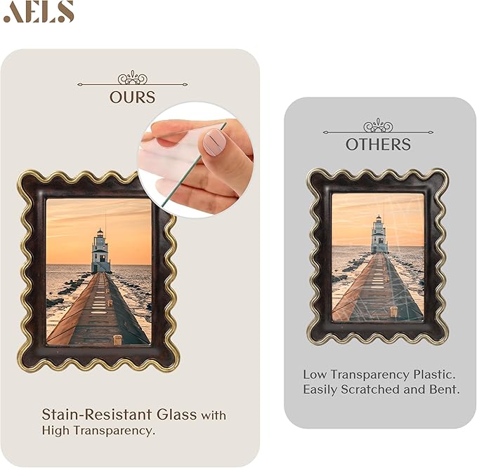 AELS 5x7 Inch Vintage Scalloped Picture Frame, Mid Century Modern Antique Photo Frames with Glass Front, Photo Display, Tabletop Wall Hanging, Dark Walnut