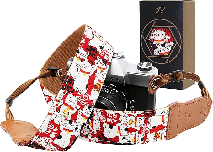 Padwa Lifestyle Red Cat Animal Print Camera Strap - 2" Double Layer Cowhide Head Woven Cotton Strap,Vintage Universal Neck & Shoulder Camera Straps for Photographers and All DSLR Cameras