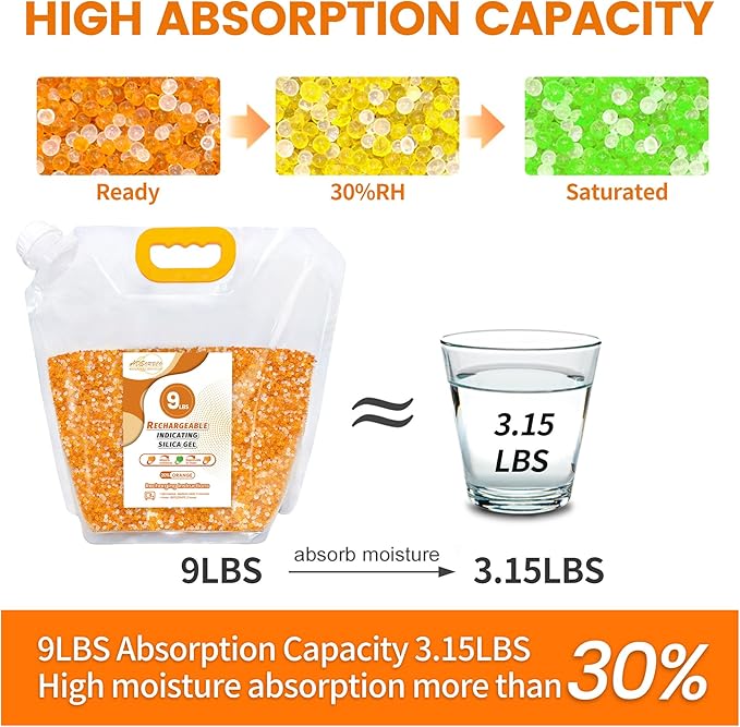 Silica Gel Desiccant Beads – Reusable Desiccant Bulk 3mm Beads for 3D Filament, Electronics, Cameras, Jewelry, and Safes (Orange White MIX, 9 LBS+2 Bags)
