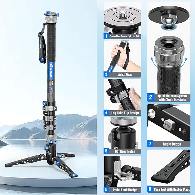 Leofoto Professional Carbon Fiber Monopod with Pedal, 63.78" Portable Travel Monopod with Removable Tripod Base for Camera, Max Load 11.02LB/5KG, Compatible with Sony/Canon/Nikon/DSLR (MF-324C)