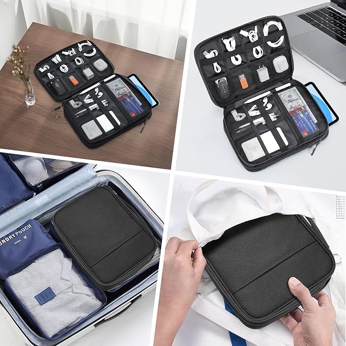Dadanism Electronics Travel Organizer Case, Double Layers Cord Organizer Travel All-in-One Storage Bag for Cable, Cord, iPad, Chargers, fits 9-11'' Tablets, Portable Tech Accessories Bag, Black