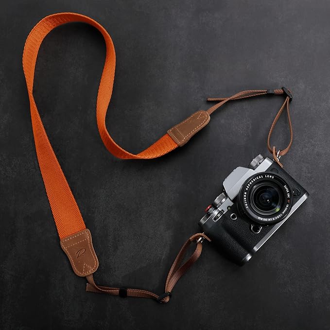 Padwa Lifestyle Orange Camera Strap - 1.5" Double Layer Crazy Horse Cowhide Ends Camera Straps for Photographers,Universal Adjustable Pure Cotton Woven Neck Shoulder Strap for Cameras and Binoculars