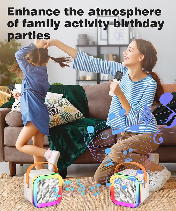 Mini Karaoke Machine Speaker for Kids Adults,Portable Bluetooth with 2 Wireless Microphones,Christmas Birthday Gifts Toys Girls Boys Ages 4, 5, 6,7, 8,9,10,11,12+ Years Old Toddler (Off-White - 2 Mic)