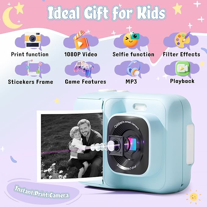 ETIKEZ Kids Camera, 1080P Instant Digital Print Camera for Kids, Christmas Birthday Gifts for 4 5 6 7 8 9 10 Year Old Girls Boys, Portable Toy with 32GB SD Card & 3 Rolls Printing Paper, Blue