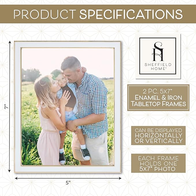 Sheffield Home Tabletop Picture Frame – Iron Enamel Decorative Display Frame for Home or Office, 5x7 Inch, White