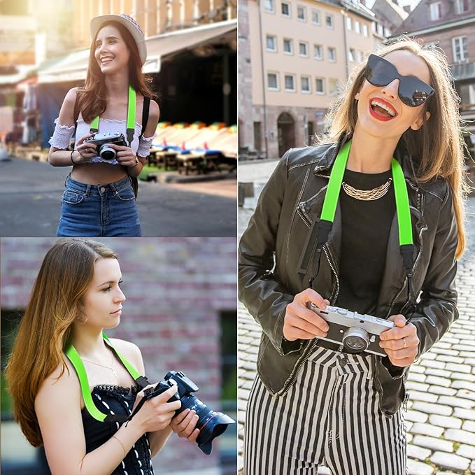 Neck Strap Silicone Camera Straps - Padded Camera Strap, 1.5" Wide Adjustable Nylon Shoulder Strap - Compatible with Canon, Nikon, Sony, and More DSLR and Mirrorless Cameras (Fluorescent Green)