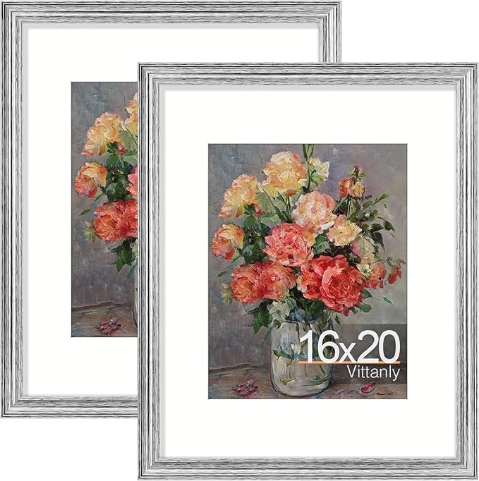 Vittanly 16x20 Picture Frames Set of 2, Ornate Vintage Photo Frame for Wall Mount, Display 11x14 Pictures with Mat or 16x20 without Mat, Rustic Silver