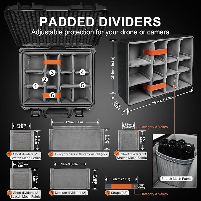 Lekufee Waterproof Hard Carrying Case with Padded Dividers for DJI Mavic 4 Pro, Air 3S, Mini 5 Pro/4/3, Partial Sony/Canon/Nikon Camera and Lens, and Accessories - Black