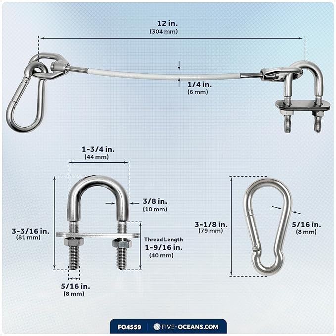 Five Oceans 12-Inch Anchor Safety Straps, Heavy Duty 7x19 PVC Coated Stainless Steel 6mm Wire Rope, Includes 5/16-Inch Carabiner Snap Hook and 3/8-Inch U-Bolt - FO4559
